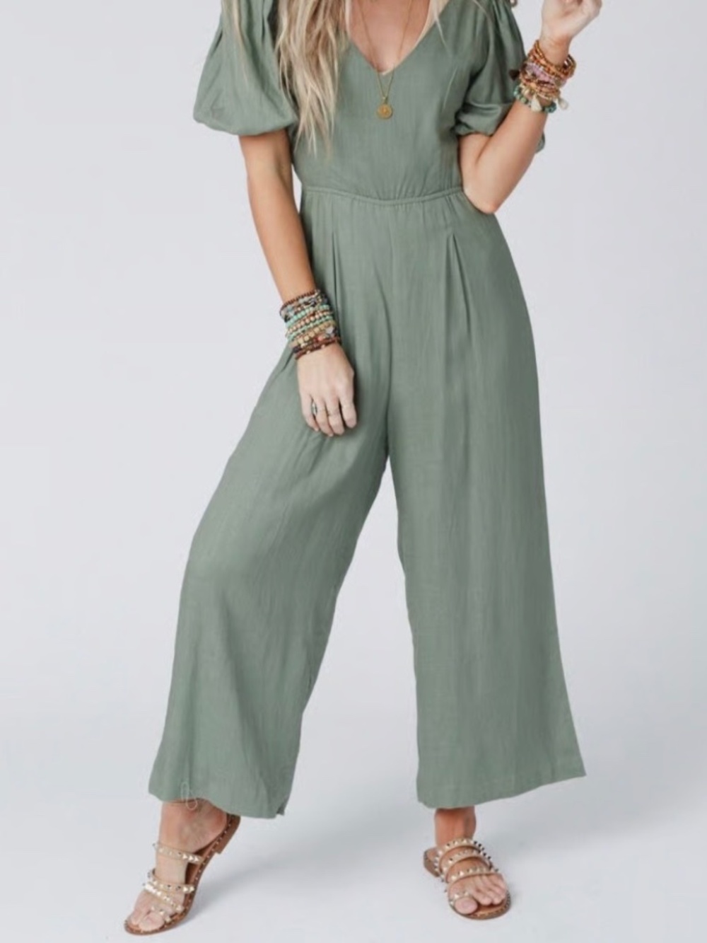 Three Bird Nest Weekender Olive Puff Sleeve Wide Leg Jumpsuit Size M